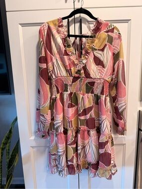 Molly Bracken Pink Multi-Color Floral Ruffled Smock Dress